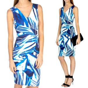 Blue Abstract V-Neck Sheath Dress - Unbranded